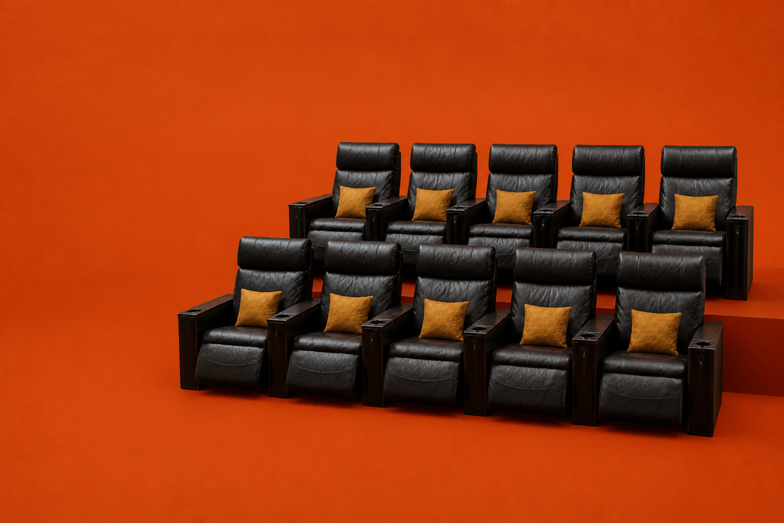 Luxury black leather seating in the Christopher Nolan theater